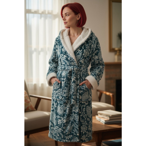 World Market Other - World Market Teal & White Floral Hooded Robe One Size